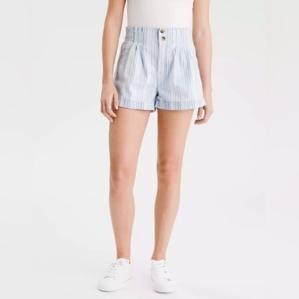 AE American Eagle Striped High Rise Mom Jean Shorts Ruffle Waist Size 00 24
